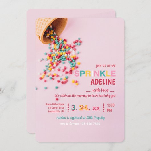 Rosa Sprinkle Dusche Einladung (Vorne/Hinten)