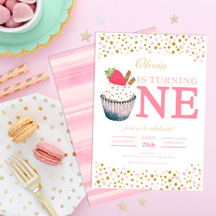 Rosa Sprinkles Erdbeere Cupcake 1. Geburtstag Einladung