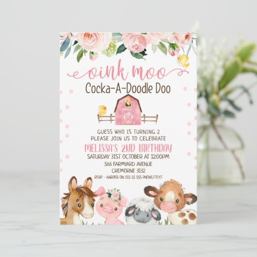 Rosa Stallblütenfarm Tier Einladung zum Geburtstag (Stehend Vorderseite)