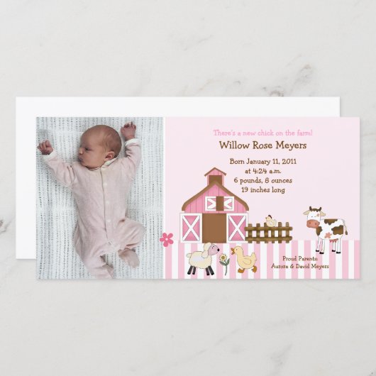 Rosa Stalltiere Foto Geburtstag / Geburtskarte Ankündigung (Vorne/Hinten)