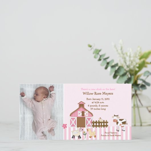 Rosa Stalltiere Foto Geburtstag / Geburtskarte Ankündigung (Stehend Vorderseite)