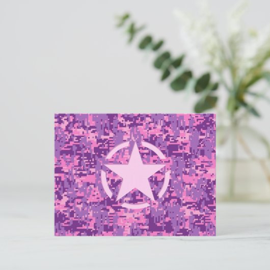 Rosa-Star-Deko im Stil digitaler Camouflage Postkarte (Stehend Vorderseite)