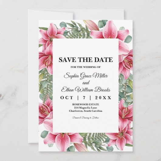 Rosa Stargazer-Lilie Florale Hochzeit Save the Dat Date (Vorderseite)