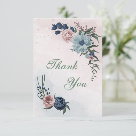 Rosa, staubblaue und marineblaue Blumen Dankeskarte (Stehend Vorderseite)