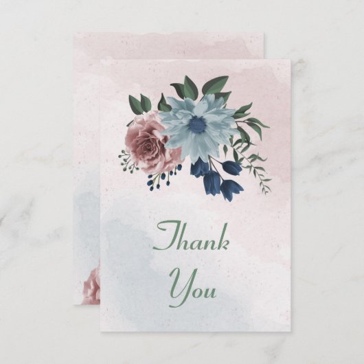 Rosa, staubblaue und marineblaue Blumen Dankeskarte (Vorne/Hinten)