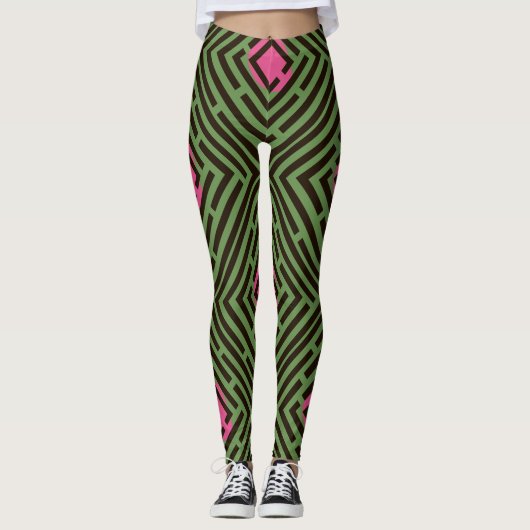Rosa Stellen-Schwarz-Labyrinth-Muster auf Leggings (Vorderseite)