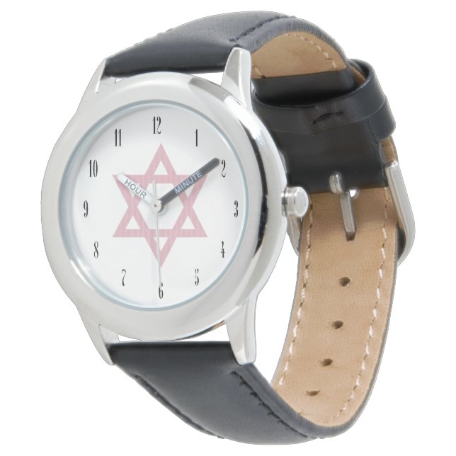Rosa Stern des David-Judentums Armbanduhr (Schrägansicht)