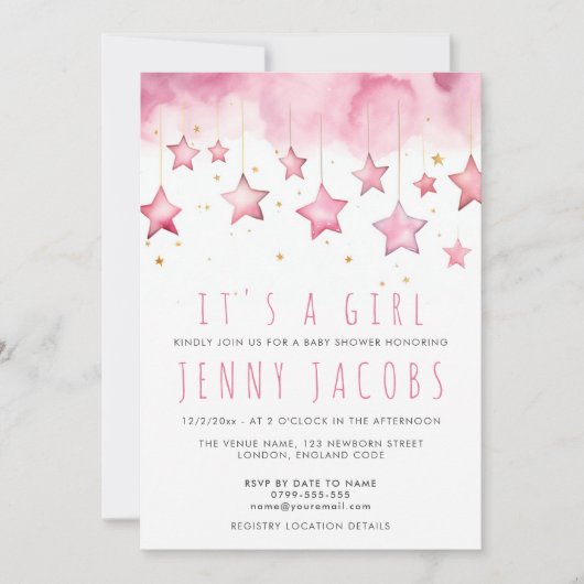 Rosa Sterne Es ist eine Mädchendusche Einladung (Vorderseite)