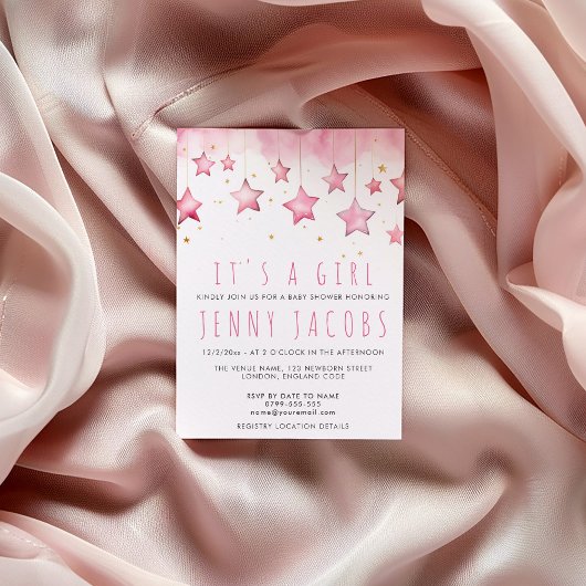 Rosa Sterne Es ist eine Mädchendusche Einladung