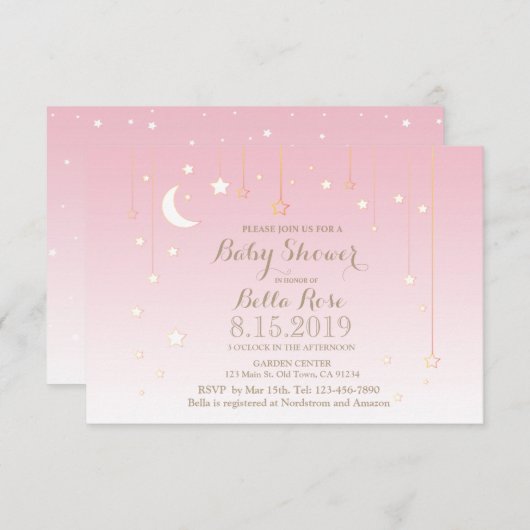 Rosa Sterne Mond Mädchen Dusche Einladungen (Vorne/Hinten)