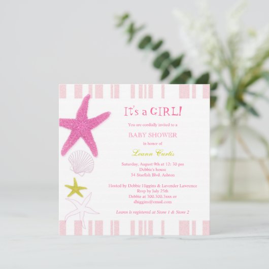 Rosa Sternfische, Streifen Nautical Baby Dusche Einladung (Stehend Vorderseite)