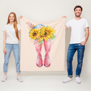Rosa Stiefel, Blauer Vogel und Sonnenblumen Fleecedecke