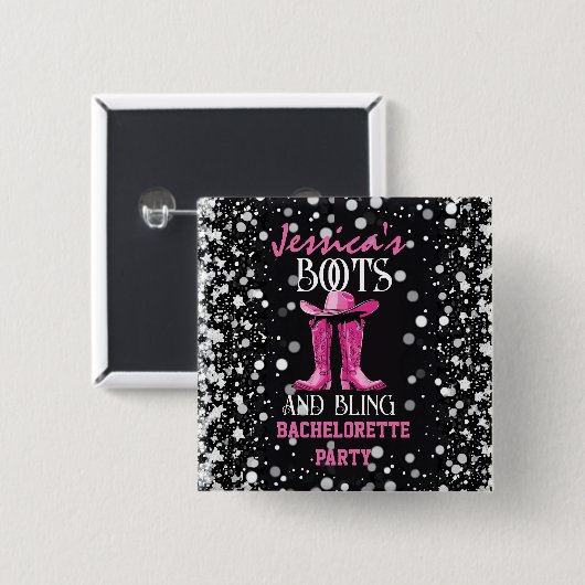 Rosa Stiefel und Bling-Junggeselinnen-Abschied Button (Vorne & Hinten)