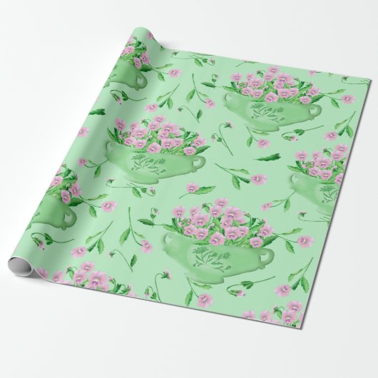 Rosa Stiefmütterchen, grüne Schüssel und Hintergru Geschenkpapier (Ungerollt)