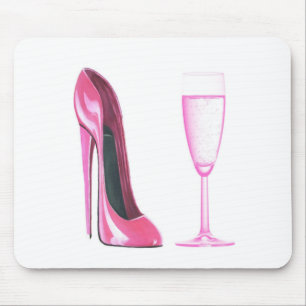 Rosa Stilett-Schuh und Champagne-Glas Mousepad