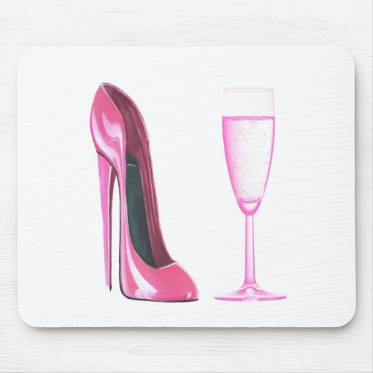 Rosa Stilett-Schuh und Champagne-Glas Mousepad (Vorne)