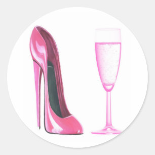 Rosa Stilett-Schuh und Champagne-Glas Runder Aufkleber