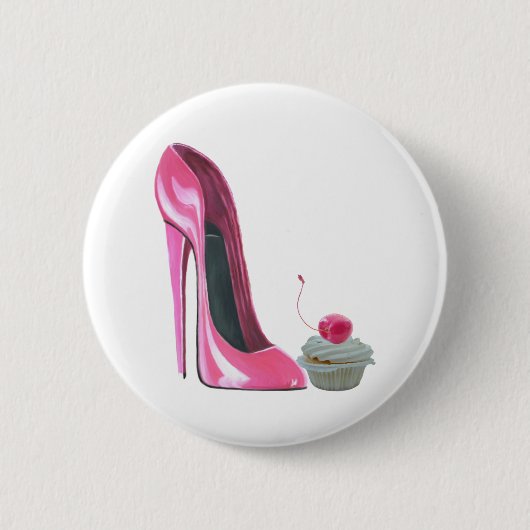 Rosa Stilett-Schuh und kleiner Kuchen Button (Vorderseite)