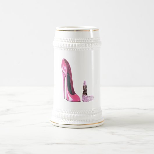 Rosa Stilett-Schuh-und Lippenstift-Kunst Bierglas (Mittel)