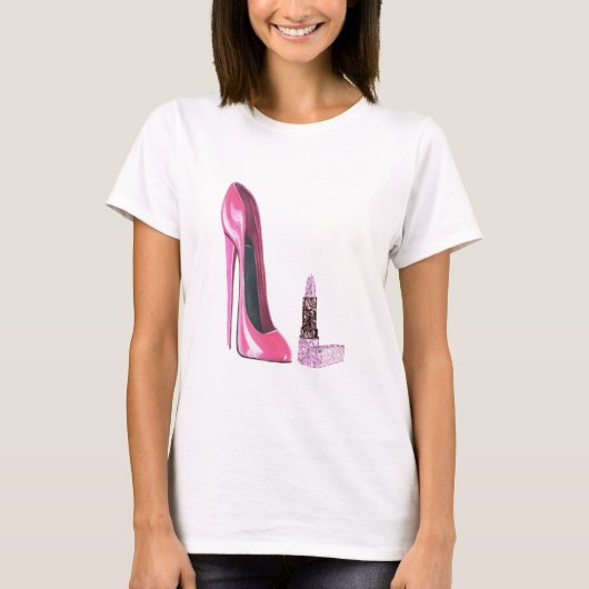 Rosa Stilett-Schuh-und Lippenstift-Kunst T-Shirt (Vorderseite)