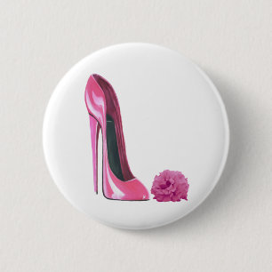 Rosa Stilett-Schuh und rosa Rosen-Kunst Button