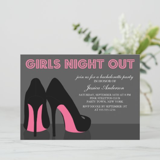 Rosa Stiletto Shows Girls Night Out Einladung (Stehend Vorderseite)