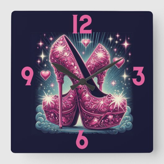 Rosa Stilettos und Herz Quadratische Wanduhr (Vorderseite)