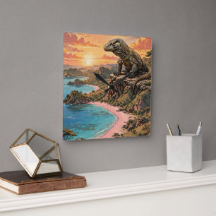 Rosa Strand Komodo-Insel Sonnenuntergang Quadratische Wanduhr