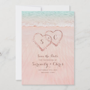 Rosa Strandherzen im Sand retten das Datum Save The Date