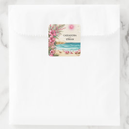 Rosa Strandhochzeit Quadratischer Aufkleber