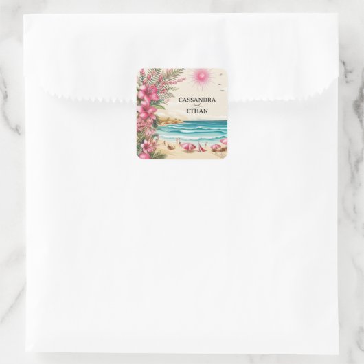 Rosa Strandhochzeit Quadratischer Aufkleber (Tasche)