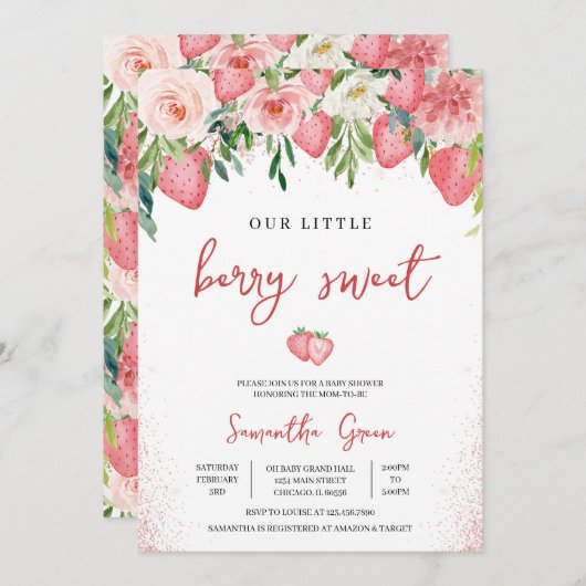 Rosa Strawberry Babydusche Einladung (Vorne/Hinten)