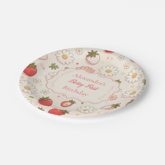Rosa Strawberry Berry Erster Geburtstag Pappteller (Schrägansicht)