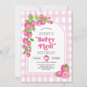 Rosa Strawberry Berry First Girl 1. Geburtstag Einladung (Vorderseite)