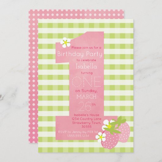 Rosa Strawberry Einladung zum Geburtstag (Vorne/Hinten)