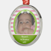Rosa Streifen Baby's 1. Weihnachts-Foto Ornament (Links)