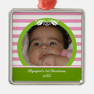 Rosa Streifen Baby's 1. Weihnachts-Foto Ornament