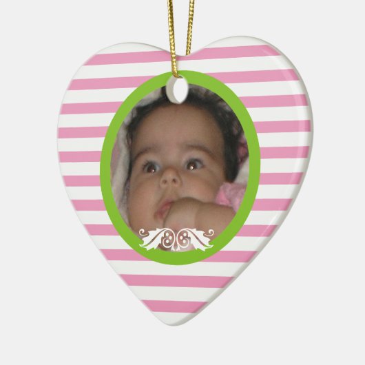 Rosa Streifen Baby's 1. Weihnachts-Foto Ornament (Links)