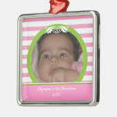 Rosa Streifen Baby's 1. Weihnachts-Foto Ornament (Links)