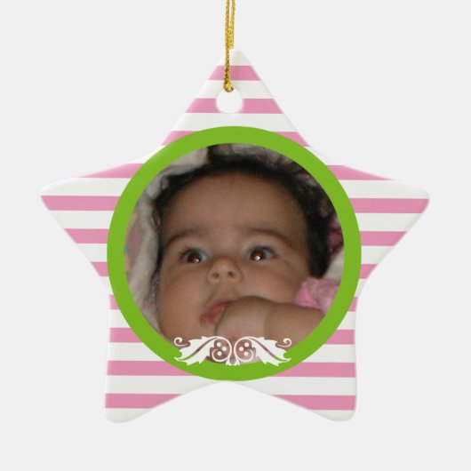 Rosa Streifen Baby's 1. Weihnachts-Foto Ornament (Vorne)