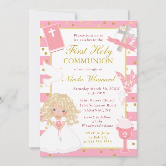 Rosa Streifen Blonde Haare Girl Einladung (Vorderseite)