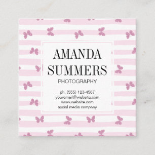 Rosa Streifen   Eleganter Glitzer Schmetterlinge Quadratische Visitenkarte