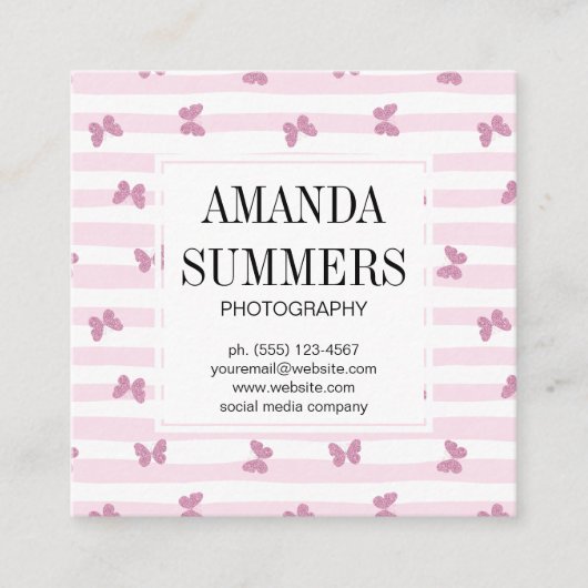 Rosa Streifen | Eleganter Glitzer Schmetterlinge Quadratische Visitenkarte (Vorderseite)