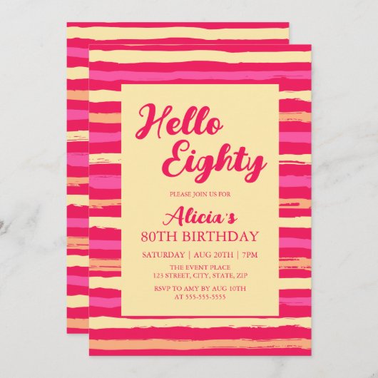 Rosa Streifen farbenfroh Hallo 80 Mädchen Geburtst Einladung (Vorne/Hinten)