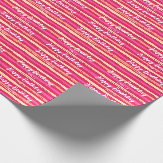 Rosa Streifen farbenfrohe Girly Happy Birthday Geschenkpapier (Ecke)