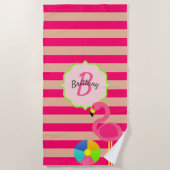 Rosa Streifen Flamingo Mit Monogramm Beach Handtuc Strandtuch (Vorderseite)