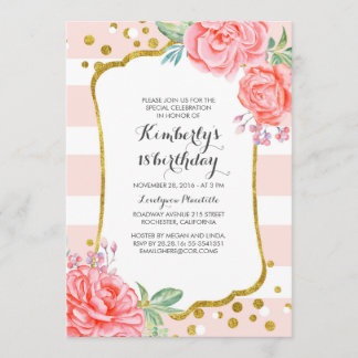 Rosa Streifen Floral Gold Confetti Geburtstagspart Einladung