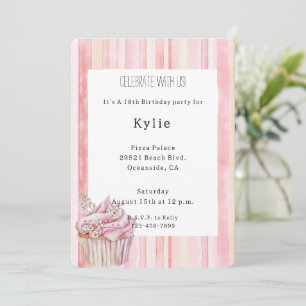 Rosa Streifen floraler Cupcake Geburtstag Einladung