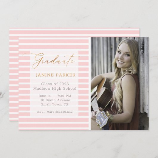 Rosa Streifen Fügen Sie Ihren eigenen Foto-Abschlu Ankündigung (Vorne/Hinten)