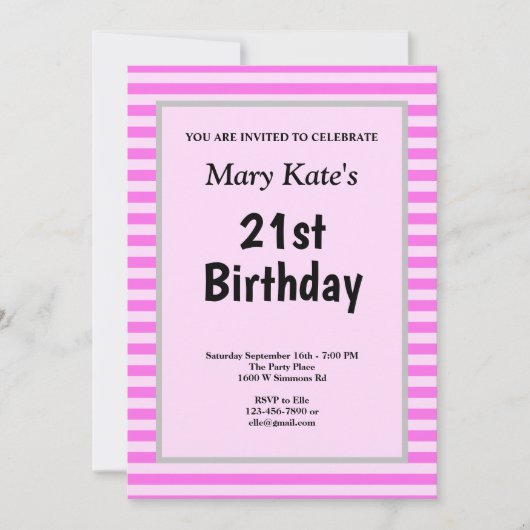 Rosa Streifen Gerahmt Geburtstagsparty Einladung (Vorderseite)